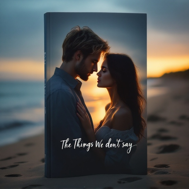 A serene beach scene at dusk forms the backdrop, with soft waves kissing the shoreline. A dirty blonde-haired man and a brunette woman stand close together, their profiles facing each other, gazing deeply into one another's eyes. Their expressions carry a mixture of longing and sadness, illuminated by the subtle glow of the fading sun. The horizon is painted in shades of baby blue blending into golden hues. The couple is partially silhouetted, emphasizing the emotional intensity. Scattered footprints in the sand lead up to the couple, adding subtle storytelling elements of the past leading to their moment.