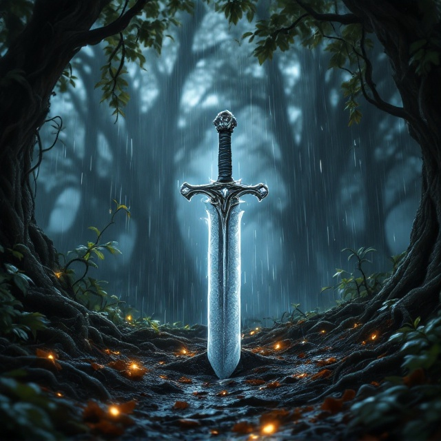 The scene depicts a hauntingly dense, rain-soaked forest. Dominating the foreground is a silver dagger lying in partially wet soil, its blade catching faint glimmers of distant lightning. Shadows slither around the dagger, seemingly alive, adding an ominous and supernatural feel. In the background, towering oak trees, shrouded in mist, loom like ancient guardians. The faint outline of twisting vines occupies the sides, framing the central image. Intermittent flashes of light illuminate droplets of rain falling steadily through the thick canopy, subtly enhancing the dramatic atmosphere.