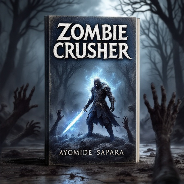 The cover features a dynamic scene of a lone warrior fighting off a horde of zombies. The background is a dark, misty forest with silhouettes of twisted trees and ominous skies. The zombies are depicted in various stages of decay, with glowing eyes and gnarled hands reaching out. The warrior is wearing medieval-style armor, holding a sword imbued with magical blue flames, casting an ethereal glow on the surrounding zombies.