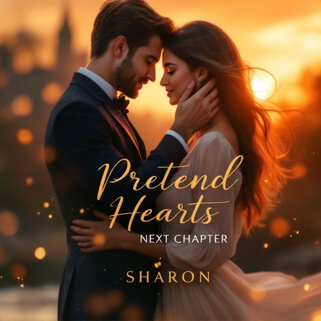 A romantic sunset backdrop with warm shades of orange and gold fading into soft pinks. The foreground depicts a sharp-dressed, handsome billionaire man in a tailored navy suit brushing a lock of hair delicately behind a young woman's ear. The woman is in a flowing cream dress with gentle movement captured in the image, as if touched by a breeze. Their faces are close, and her gaze is locked with his, showing an unreadable yet compelling expression. Subtle light sparkles surround their figures, adding a dreamy and intimate quality to the scene.