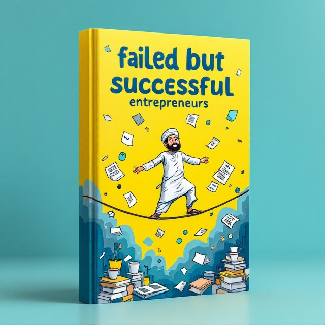 The cover features a humorous cartoon illustration of a man in traditional Muslim attire—looking both worried and triumphant, with papers, coffee cups, and a computer scattered around him. He's trying to balance on a tightrope representing the fine line between failure and success. The background is a blend of bright yellow and deep blue, symbolizing both the comedic and challenging aspects of entrepreneurship.