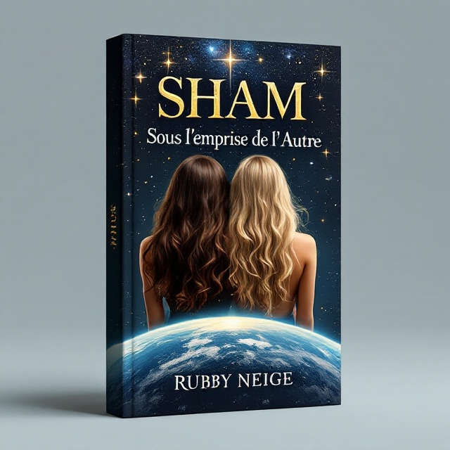 The cover is divided symmetrically down the middle. The left side is dark, with a brunette girl shown from behind, her hair cascading down her back. The right side is bright, featuring a blonde girl also seen from behind. Stars and galaxies swirl above them, with the upper rim of a large planet visible at the bottom, stretching across the cover's width.
