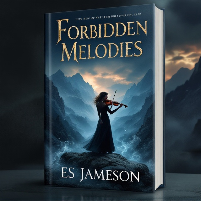 A mysterious, atmospheric scene featuring a female fiddle player standing on a rocky outcrop, silhouetted against a backdrop of majestic mountains under a moody twilight sky. She is partially turned towards the viewer, her expression intense, conveying a sense of adventure. Wisps of ethereal mist swirl around her feet and the fiddle, adding an air of mystery and superstition. The color palette is rich and deep, dominated by shades of indigo, emerald, and gold.