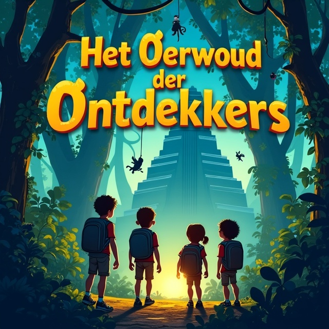 The cover features an enchanting, vibrant jungle scene with towering trees and exotic plants, partially obscuring a mysterious ancient temple in the background. In the foreground, silhouettes of four curious children with backpacks and flashlights peek through the foliage, embodying a sense of adventure and discovery. The color palette includes rich greens, deep blues, and warm earth tones, while a swinging monkey and flitting parrots hint at the liveliness of the jungle.