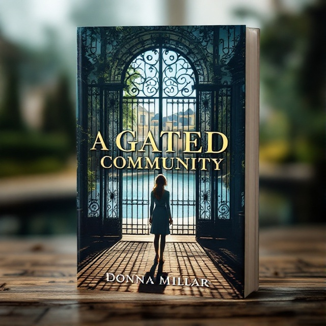 A solitary woman stands at the entrance of an ornate, wrought-iron gate. Behind her, the gate casts an intricate shadow, symbolizing the enclosing nature of the community. The background features blurred images of luxurious houses, hinting at unfulfilled promises of connection and belonging.