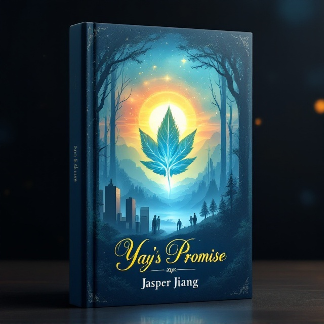 A magnificent sunrise fills the sky with hues of blue and a hint of gold, creating a radiant backdrop. The left side of the cover showcases a modern cityscape with silhouetted skyscrapers. On the right side, a mystical forest emerges with enchanting, towering trees. In the middle of the cover, a large, glowing leaf floats, connecting the city with the woods. Stars dot the sky above, suggesting an ethereal, otherworldly atmosphere.