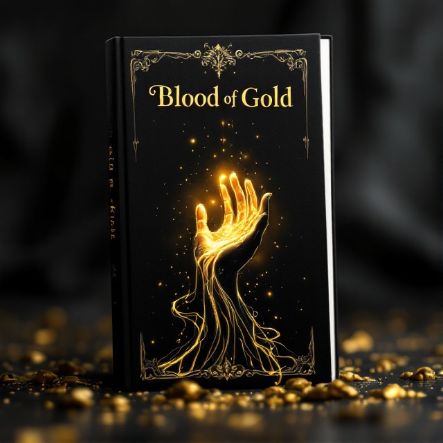 A black background serves as a canvas for a captivating central image of a stylized hand reaching upwards. The hand appears realistic yet otherworldly, with fluid lines wrapping around it, holding molten gold. The molten gold is intricately detailed, with streams dripping from the hand, illuminating the darkness with a gentle glow. Above the hand is an elegant touch of gilded designs, hinting at a mystic aura without overshadowing the primary elements.