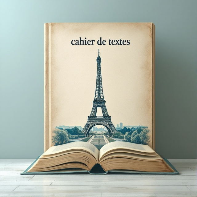 A textured, aged parchment background evokes a classic and scholarly feel, with the centerpiece being an elegant illustration of an open textbook gracefully transitioning into the pages of the Eiffel Tower. Subtle, light blue and cream tones enrich the theme of learning and culture.
