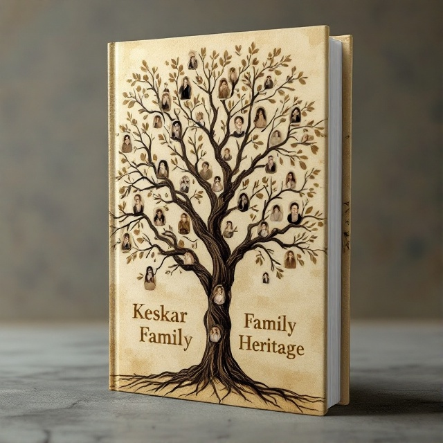 An intricate family tree with delicate branches spreading out across a textured canvas, combined with subtle sepia-toned photographs that shift between visibility and opacity, hinting at generational stories and connections. The overall color palette is soft earth tones, giving a sense of history and depth.