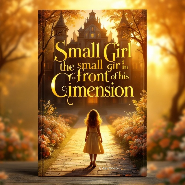 A small girl is standing in front of a grand mansion. The mansion is detailed with ornate architectural elements, evoking a sense of grandeur and wonder. A pathway lined with blooming flowers leads to the mansion, and a golden sunrise casts a warm glow over the scene, adding to the magical atmosphere. The background is a soft gradient of gold hues, enhancing the regal feel.