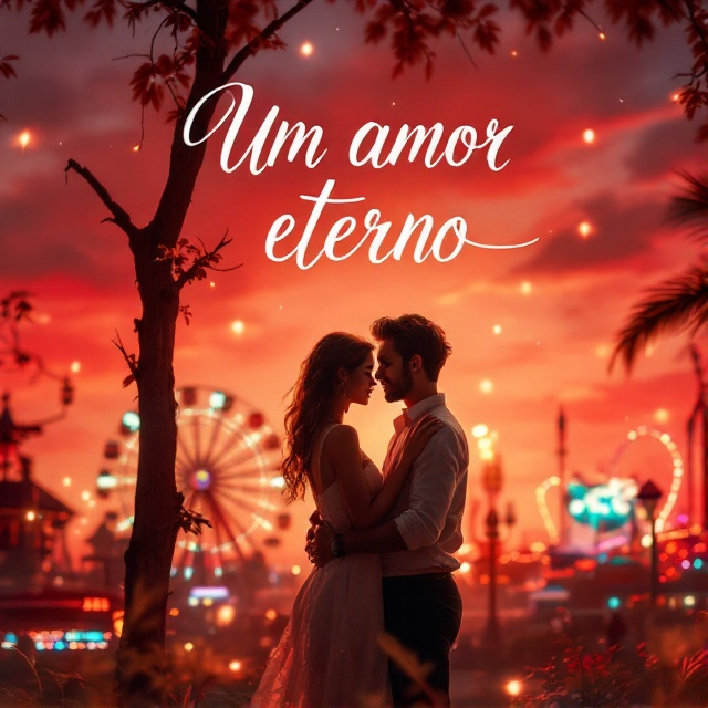 A dreamy and radiant scene featuring a couple tenderly holding each other, surrounded by the colorful lights of a Ferris wheel in the background, set against a warm, light red sky. Silhouettes of other amusement park rides add depth and a sense of space to the scene.