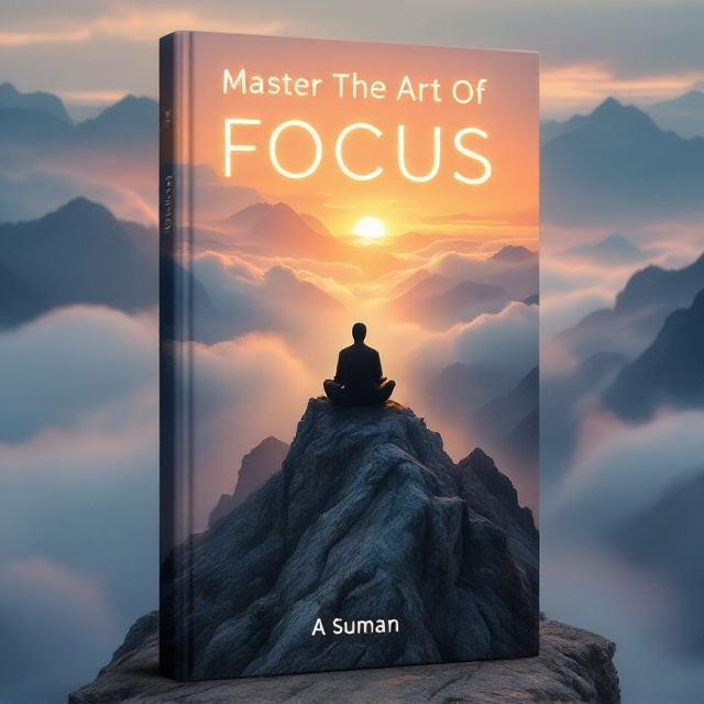 A solitary monk sits cross-legged on a jagged mountain ledge shrouded in semi-transparent, swirling clouds. The monk's posture is calm and poised, with a hint of golden light from the rising sun illuminating his figure. The mountain peaks fade into the mist, and the horizon glows with vibrant hues of orange, pink, and yellow, symbolizing hope and awakening. Subtle rays of sunlight break through the clouds, creating a harmonious balance between the rugged landscape and the ethereal sky. The title, "Master The Art Of Focus," is positioned prominently above the monk in a glowing gradient, set against the majestic sunrise. The author’s name, “A Suman,” is placed beneath the scene in a minimal yet noticeable style.