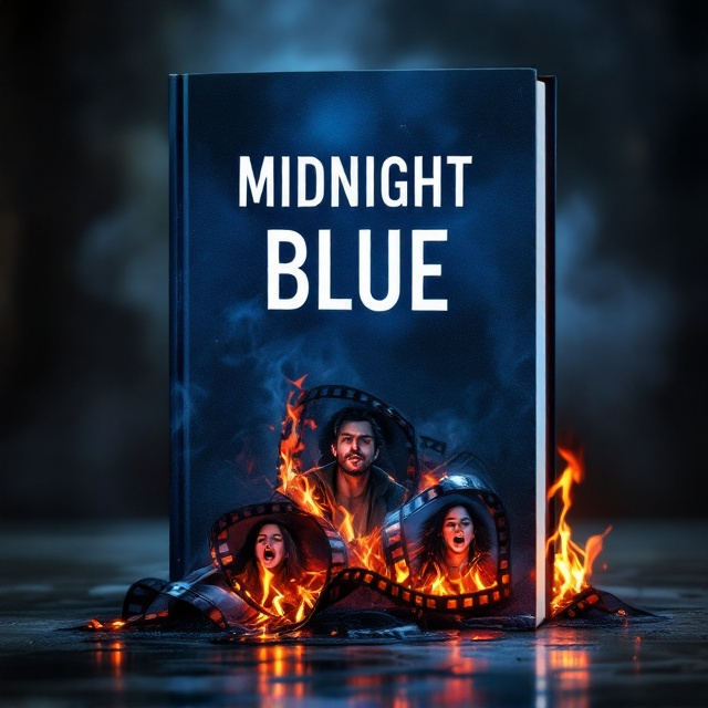 A smoldering film reel forms the centerpiece of the cover, unraveling and spilling across the page. Each exposed strip of the reel frames a critical snapshot a shadowy protagonist in a trench coat with a cigarette clenched in his teeth, a lifeless body on the floor drenched in deep red hues, and a screaming woman whose face twists in anguish. Flames engulf the reel from the edges, licking toward the center, casting ominous shadows across a midnight blue background textured with a light haze of smoke.