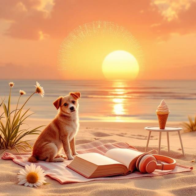 A sun setting over a serene beach serves as the centerpiece, blending hues of gold, pink, and deep orange to evoke both sadness and hope. A delicate daisy flower lies in the foreground, half-buried in the sand. A playful dog is shown sitting near a closed book with a pair of headphones lying next to it on a beach towel, subtly hinting at the presence of music and comedy. An ice cream cone rests on a side table beside the towel, starting to melt, symbolizing fleeting moments of joy. The design has a modern AI twist with faint digital circuit patterns forming part of the sun's rays.