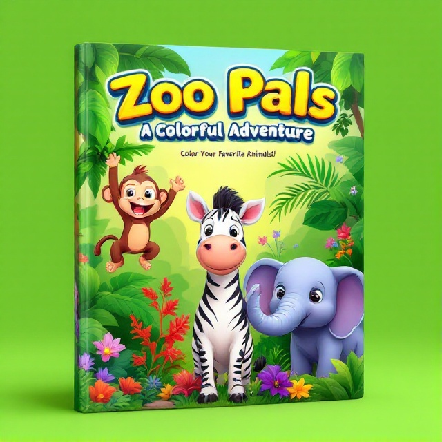 A lively scene featuring cartoon-style animals—a playful monkey hanging from a vine, a smiling zebra standing joyfully, and a gentle elephant swaying its trunk, all set among lush green tropical trees and vibrant flowers in colors such as red and purple.