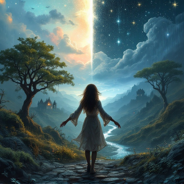 Emily stands in the foreground, her back to the viewer, adorned in a tattered dress. Her arms are outstretched toward a fantastical landscape. Above, the split sky has soft pastels on one side transitioning to deep blues and blacks, scattered with raindrops glowing like stars. In the distance, her childhood home and the silhouette of Thomas gradually blend into the horizon. Magical trees with luminescent leaves tower around Emily, with a river whimsically flowing upward into the sky. Clouds shaped as animals add a surreal touch to this landscape.