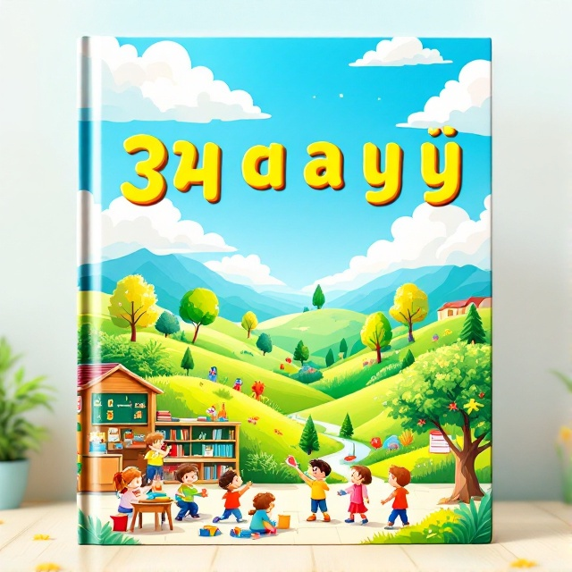 A vibrant and playful illustration of a sunny classroom scene extending into a lush landscape. In the foreground, a group of joyful kindergarten children are seen engaging in various activities. Beyond the classroom, there are green hills adorned with colorful trees, a bright blue sky, and fluffy white clouds floating above. The entire scene is encased by a whimsical, cartoon-like border, adding a sense of playfulness and energy.