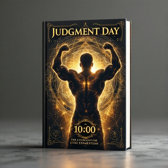 A muscular silhouette in a dynamic pose, mid-push-up, set against a backdrop of intertwining mystical patterns. The silhouette's muscles are etched out with golden light to symbolize resilience. A countdown mechanism subtly integrated into the design symbolizes the impending Judgment Day.