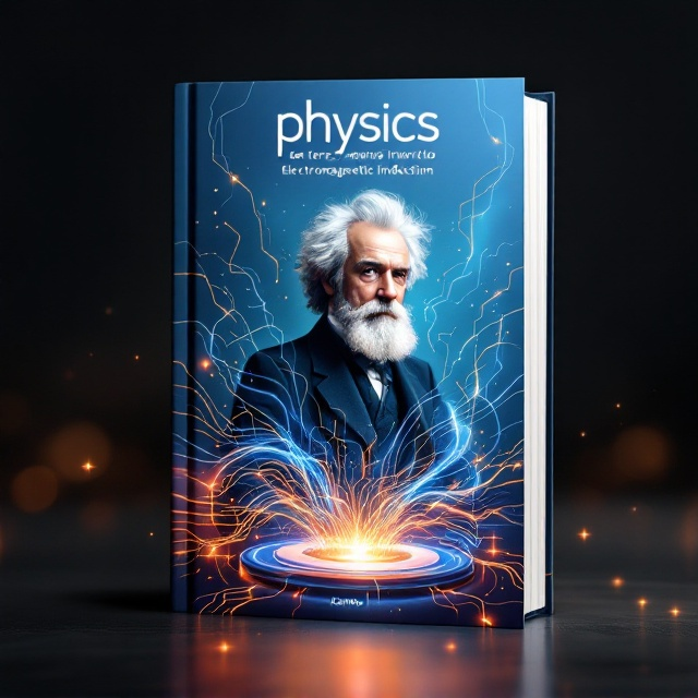 A historical photograph of scientist Michael Faraday, positioned prominently on the cover, surrounded by vector illustrations of magnetic fields and electric currents. A large, dynamic image of a magnet emerges from the lower section, with lines representing electromagnetic induction flowing around the photograph, merging art and science in a vivid display of movement and energy. The background is a gradient that shifts from a deep electric blue to a lighter sky blue, embodying the essence of science and innovation.