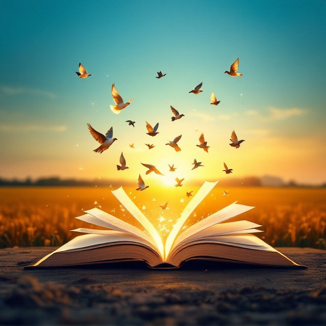 The cover showcases a serene agricultural landscape stretching across the lower half, tinged with twilight hues. Majestic birds are seen in mid-flight, emerging ethereally from the pages of an open book positioned centrally. This open book appears as the gateway to freedom and knowledge, with pages gently fluttering as if providing passage for the birds. The backdrop gradually transitions from a vivid sky-blue at the top, merging into the golden earth tones beneath, invoking a sense of boundless potential and new beginnings.
