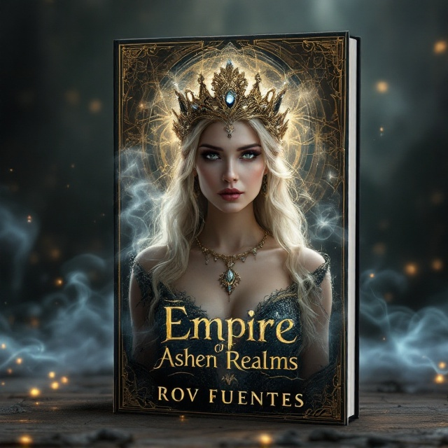 A regal woman with an otherworldly grace stands centered on the cover, wearing an ornate golden crown adorned with gemstones that glint magically. Around her, wisps of mystical fog weave intricate patterns, suggesting a connection to a hidden magical realm. In the background, hints of a vast and shadowy kingdom can be seen, accentuated with hints of gold to add depth and intrigue.