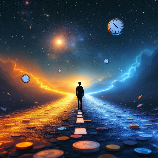 A surreal scene featuring a lone figure standing at an illuminated crossroads under a mesmerizing starry night, with two diverging paths distinctly glowing—one with warm, inviting golden tones and the other in mysterious, deep blue. Floating along these paths are ethereal, semi-transparent clocks and barely-visible fragments of newspaper headlines, creating an atmosphere filled with wonder and tension. Solid, rounded objects representing coins, with streaks of red, orange, and pink gradients, are artistically placed to add to the visual intrigue and curiosity.