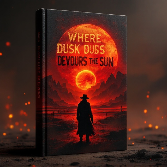 The cover features a desolate and barren western landscape drenched in deep, apocalyptic hues of blood-red, orange, and black. The horizon is dominated by a massive, dark, and ominous sun sinking into the earth, its edges bleeding into the sky like tendrils of ink. Silhouetted in the foreground is a lone gunslinger figure, facing away from the viewer, with his rugged hat brim and a long coat billowing in the wind. Behind him is a faint outline of the cult’s sigil—a fragmented, ash-like sun symbol layered subtly over the mountains. Dust and smoke blur parts of the scenery, creating an eerie and foreboding atmosphere that evokes dread and tension. The title takes center stage, appearing almost as though it’s branded or burned onto the cover, with glowing orange embers flickering around the letters.
