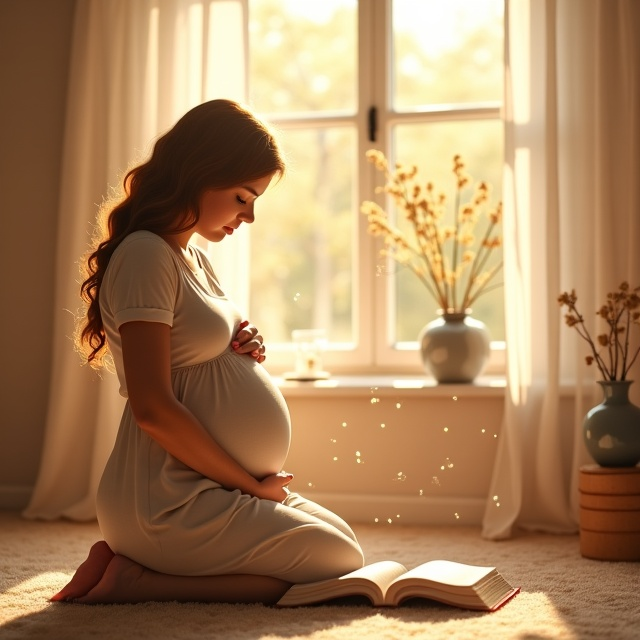 A serene indoor scene featuring a glowing, expectant mom kneeling in prayer with her hands gently placed on her baby bump. Her silhouette is softly illuminated by light streaming in through a nearby window, creating a warm and holy atmosphere. A Bible rests open on a small table in the foreground, and soft elements such as floating golden light particles evoke feelings of faith and spirituality. Muted tones of warm gold, soft beige, and cream create a comforting and hopeful visual theme.