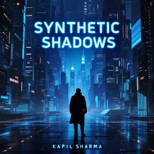 A sprawling, neon-lit futuristic cityscape dominates the cover. Towering skyscrapers are laced with glowing blue circuits and binary codes that pulse across the architecture, creating a vivid impression of an AI-ruled world. Shadows of figures moving through the city hint at suspense and danger, with one silhouetted figure standing prominently in the foreground, cloaked in mystery. The overall lighting is moody with deep shadows and a luminescent blue glow enveloping the scene.