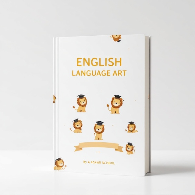 A clean white background with a minimalist yet playful design—small, cartoon-style lions wearing graduation caps are scattered across the page, each in a slightly tilted pose to give a dynamic effect. The lions are subtly outlined in soft golden hues to gently contrast against the white backdrop. The title, "ENGLISH LANGUAGE ART," is prominently displayed in uppercase centered at the top. Below the title is a subtle yet charming ribbon graphic in gold, underneath which the author’s name, “by ASAAD SCHOOL,” is neatly positioned.