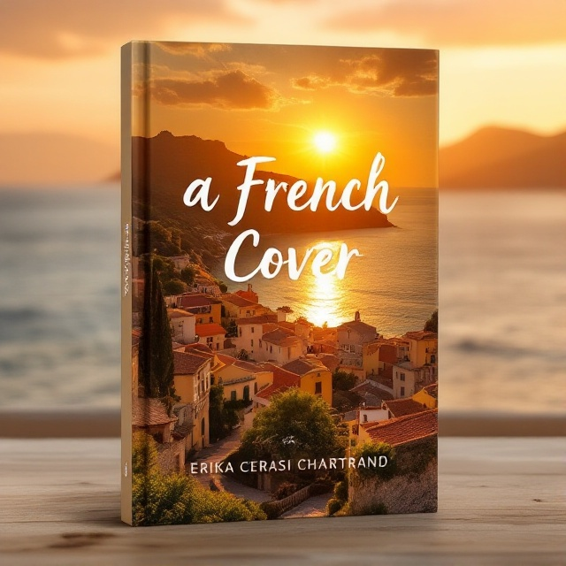 A dreamy sunset casts a golden glow over a quaint Corsican village. The village’s terracotta rooftops and winding cobblestone streets stand in contrast to lush greenery. Below, the serene Mediterranean Sea shimmers, with soft waves reaching the sandy shore. In the background, rolling hills fade into the horizon under warm-toned skies.