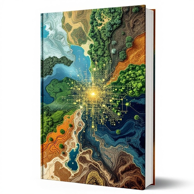 A dynamic overlay of satellite images capturing different landscapes, such as agriculture fields, lush vegetation, oil extraction sites, and soil patterns. These images fade into one another seamlessly, creating a mosaic of remote sensing applications. The color palette includes earthy tones, greens, and deep blues, representing nature and technology. The center features an abstract algorithmic pattern overlay, suggesting the computational aspect of remote sensing.