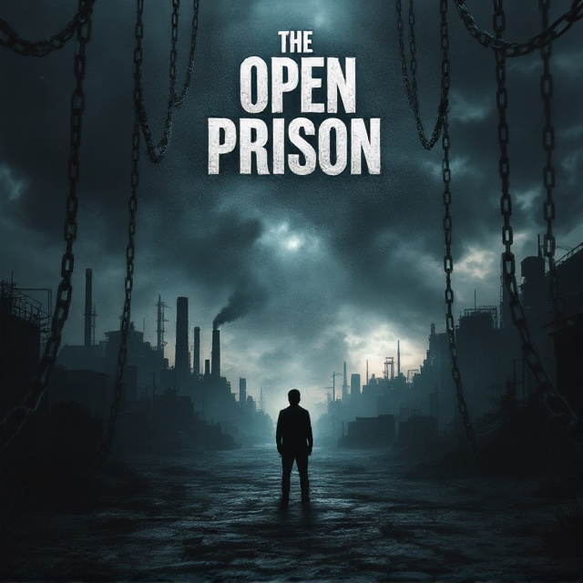 A dark, industrial landscape with looming factory silhouettes fading into the horizon. Chains hang from the upper edges, casting shadows over a silhouetted figure standing alone, symbolizing confinement and struggle. The background has a gritty, textured appearance, invoking a sense of desolation and oppression. A subtle beam of light breaks through stormy clouds, hinting at hope amidst despair.
