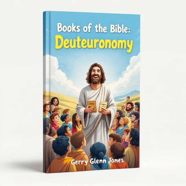 The cover features an illustrated scene depicting Moses at the forefront, joyfully teaching a diverse group of children gathered around him. Moses, dressed in traditional robes, is holding tablets inscribed with Hebrew characters, symbolizing the teachings of Deuteronomy. A backdrop of rolling hills and blue skies infuses the cover with happiness and divine presence. The children appear engaged and curious, creating an inviting and educational atmosphere. The background has subtle, soft clouds that add a sense of warmth and positivity to the overall image.