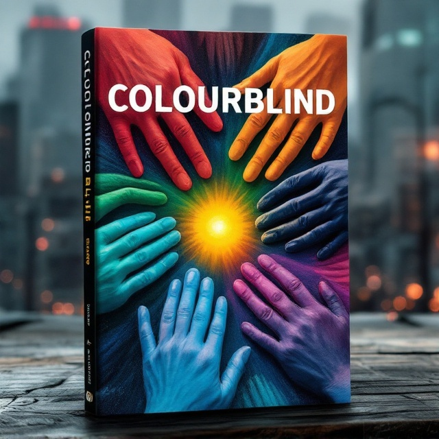 A close-up image of numerous right hands in different colors (crimson, emerald, azure, cobalt) arranged in a circular pattern. The colors radiate dramatically against a muted, dystopian cityscape in the background, with the contrast highlighting the uniqueness of each hand. The focal point is the central hand, symbolizing unity and self-awareness among diversity.