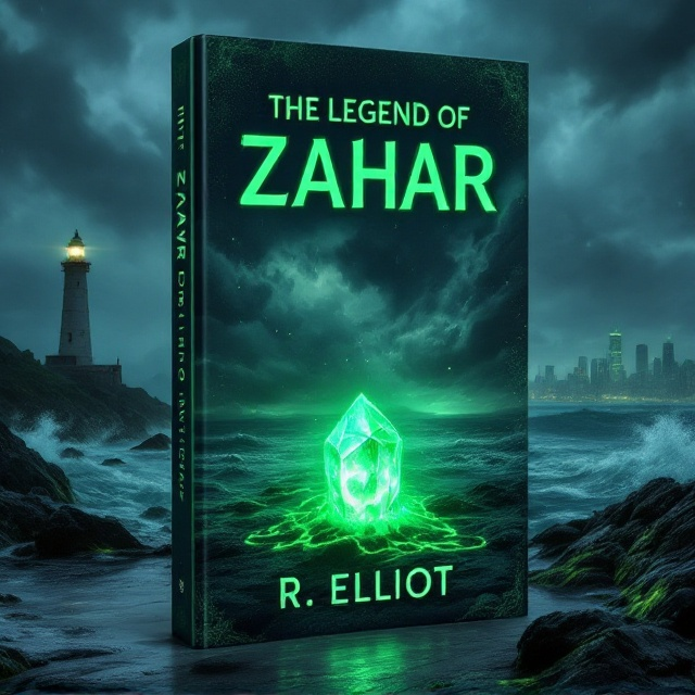The cover is dominated by a dramatic scene where the glowing green crystal sits prominently in the foreground on the dark, rocky shore. It emits an ethereal light that contrasts sharply with the stormy, swirling sky. The ocean is depicted in turbulent motion, with sinister-looking blobs of green goo visibly creeping from the sea towards the shore. To the left side of the cover, a towering lighthouse stands with its light beam piercing the moody atmosphere, while the right side features the distant silhouette of a bustling city skyline shrouded in mist, capturing the tension between nature and urban life.