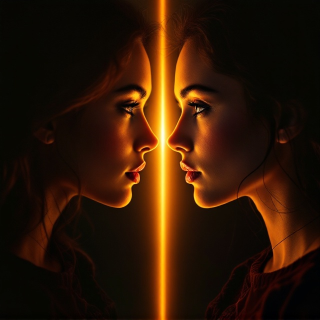 Two beautiful women are prominently featured, each facing opposite directions. The scene is set against a dark background with warm light gently illuminating their faces, creating an ambiance that suggests love, mystery, and intimate attention. The composition directs the viewer's focus on the expressions of the women, enticing curiosity about their stories.