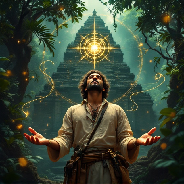 A mystical Indian landscape serves as the backdrop, featuring an ancient temple partially covered by lush jungle foliage. Prominently displayed in the foreground is the Sudarshana Chakra, glowing in golden light, hovering above the open palms of a 25-year-old Indian archaeologist with an expression of awe and fascination. He's depicted wearing typical archaeological attire and tools, like a satchel and a trowel. Winding tendrils of magic spiraling from the chakra subtly lead the eye towards the title and author’s name at the top.