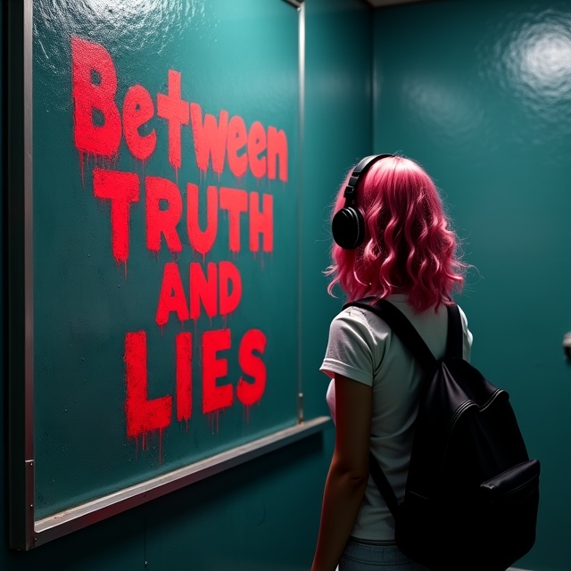 A dim, atmospheric depiction of a public high school bathroom. The mirror on the left dominates the view, capturing the details of the dingy and somewhat eerie setting. On the right side, a girl with shoulder-length, layered, curled pink hair stands with her back toward us, gripping her black backpack. Her hair allows a peek of black over-ear headphones. The words "Between Truth and Lies" are sprawled across the mirror in bold, red spray paint. The surroundings suggest an air of mystery, with muted shadows heightening the sense of angst and curiosity.