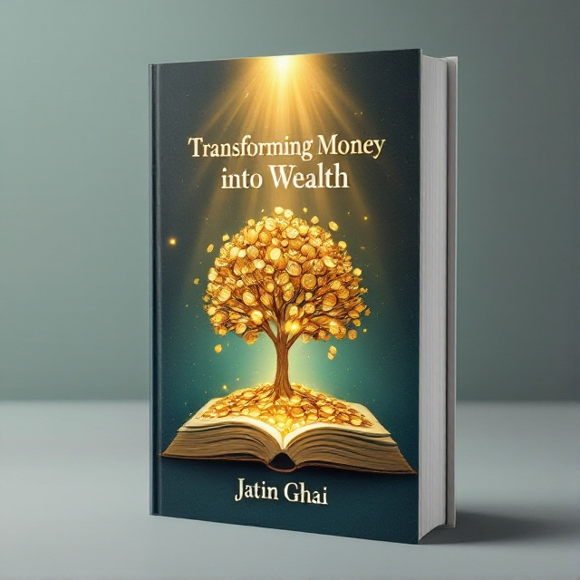 A golden tree made of coins growing from an open book, symbolizing the transformation of knowledge into wealth. The background is a subtle gradient of deep blue and green, suggesting growth and prosperity. At the upper part, golden rays emerging from the top center, adding a divine insight.