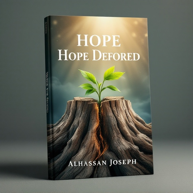 A large, felled tree trunk dominates the lower three-quarters of the cover, with its rough bark and rings clearly visible, signifying its history. In stark contrast, a vibrant green plant is beautifully sprouting from a crack in the center of the trunk, symbolizing new life and hope. A soft, warm light beams down from the top right corner, casting highlights and gentle shadows to create a sense of transcendence and divine intervention. The background is a soft gradient of subdued earth tones transitioning to a calming blue sky.