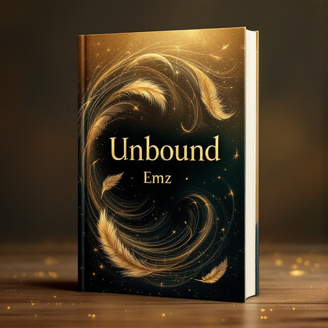 Delicate gusts of wind wisp across the cover, intertwining elegantly with streams of glittering gold feathers. The wind patterns create dynamic, ethereal arcs against a rich, deep gold background, suggesting the liberation and enchantment felt in the narrative. No characters are present, ensuring the elements embody the theme of freedom and magic.