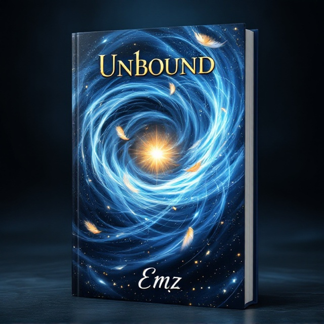 A swirling whirlwind of wispy, magical winds in various shades of blue and silver encircles the center of the cover. Scattered throughout the tornado-like swirl are iridescent golden feathers, gently catching the light, symbolizing freedom. At the core of the whirlwind, an ethereal glow suggests an inner power breaking free. The background is a deep midnight blue, providing a stark contrast to the lighter elements.