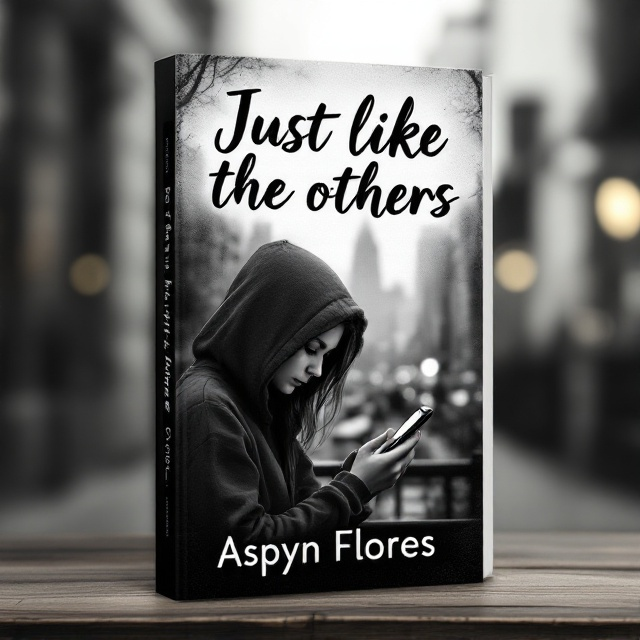 A black and white cover featuring a girl wearing a hoodie, sitting on a bench, and looking down at her phone with a sad expression. The background is a blurred cityscape, emphasizing her isolation and sadness. Her face is partially obscured by shadows, enhancing the emphasis on her emotions.