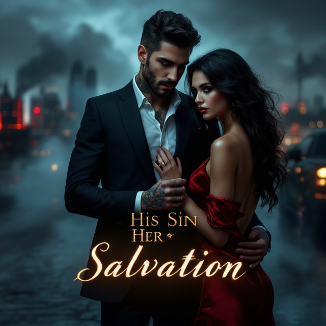The cover features Alessandro "Alex" De Luca standing confidently in the foreground. His face is half-shadowed, revealing only a sharp jawline and intense eyes. He adjusts his cufflinks with tattooed hands, while his other hand grips Iris Alstone's waist. Iris, dressed in an elegant blood-red satin dress, partially turns away, allowing her dark waves of hair to cascade over her shoulders. The background consists of a luxurious city skyline at night, with red and gold lights indicating power and danger. A brewing storm with subtle smoke drifts in the distance, and a luxury black car is discreetly visible behind them.