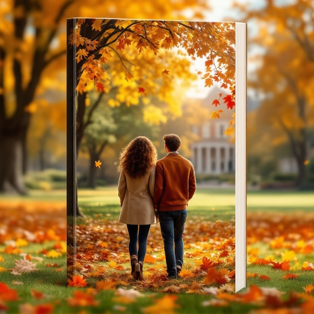 The cover showcases a picturesque college campus with an expansive lawn blanketed in vibrant falling autumn leaves. Ava and Mei are positioned prominently in the foreground at the center of the cover, standing side by side, symbolizing their connection. Ava's curly hair catches the gentle breeze, while Mei's elegantly dressed silhouette contrasts the cozy casual look of Ava. The scene is bathed in soft golden light that highlights the warm tones of autumn, emphasizing the themes of love, strength, and hope. The background features historic Georgian architecture, adding depth to the scene.