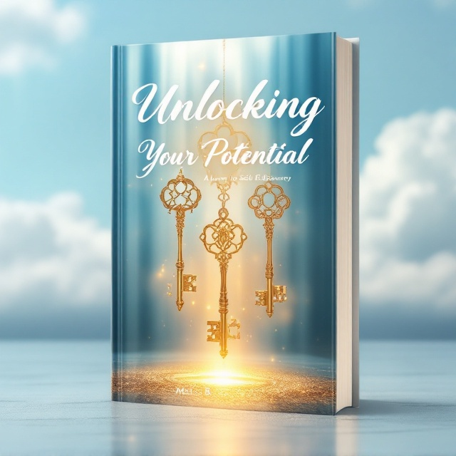 A serene background of a slightly blurred blue sky with soft white clouds, capturing a sense of enlightenment. In the foreground, a set of ornate golden keys appears suspended in mid-air amid light beams. Each key has intricate designs suggesting spirituality and majesty. Below the keys, a subtle glow suggests unlocking a hidden door of light, symbolizing knowledge and self-discovery.