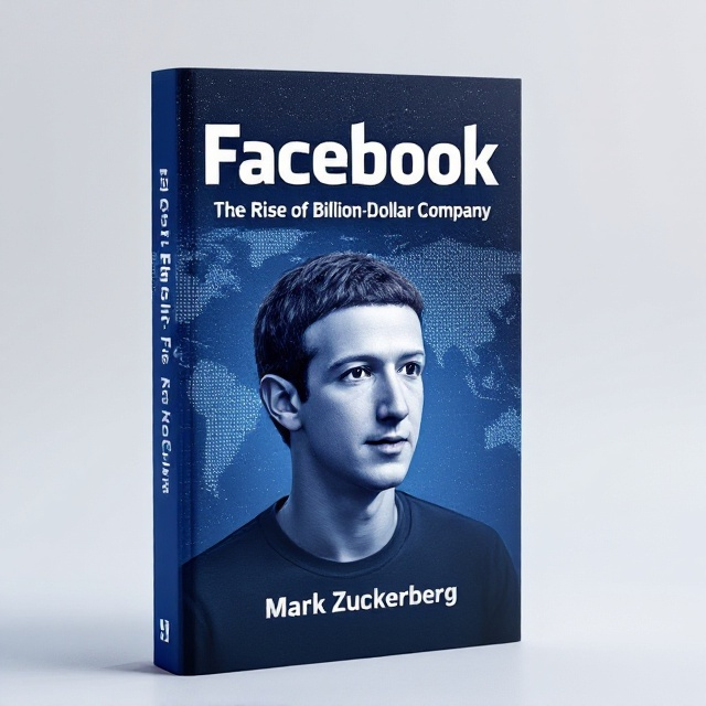 A central, iconic photograph of Mark Zuckerberg looking focused and determined, blended subtly with a digital map background illustrating Facebook's global reach. The map is styled in shades of Facebook Blue.