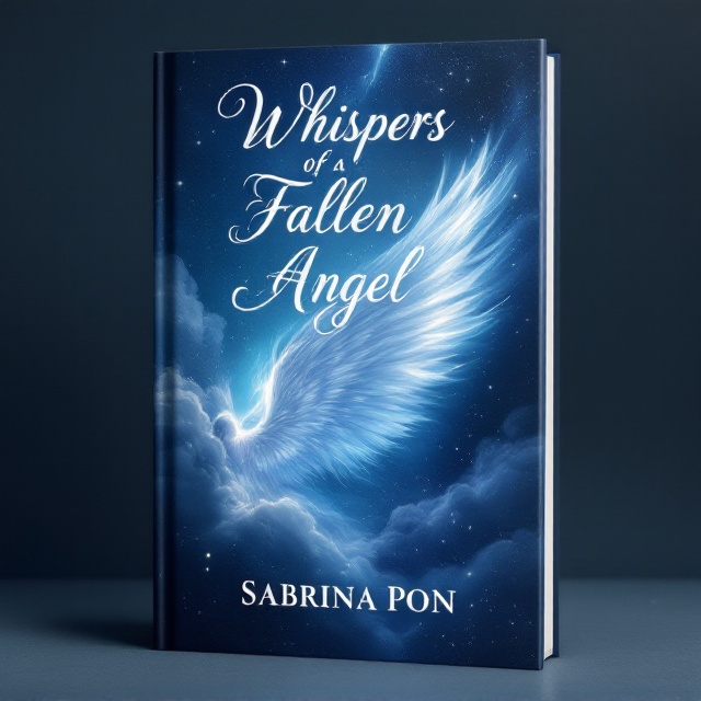 A serene yet powerful illustration featuring a fallen angel with luminous wings partially unfurled, transitioning from shadow to light. The backdrop is a blend of deep navy blues fading into vibrant whites, symbolizing the journey from darkness to light. Ethereal wisps of clouds and subtle beams of light intersect around the angel, adding a mystical and hopeful aura.