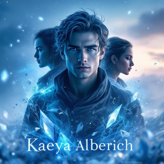 A serene and enchanting scene featuring Kaeya Alberich in multiple facets. In the foreground, a confident Kaeya exudes a subtle air of mystery, casting a spell with icy tendrils swirling around him. Behind him, varied silhouettes portray different moods one with a carefree smile amidst floating Cryo crystals, another reflecting sorrow in a blue-tinted haze, and a third basking in a moment of quiet contemplation. The background transitions from a crystalline, frosty expanse to an ethereal, icy landscape under a twilight sky infused with shades of blue.